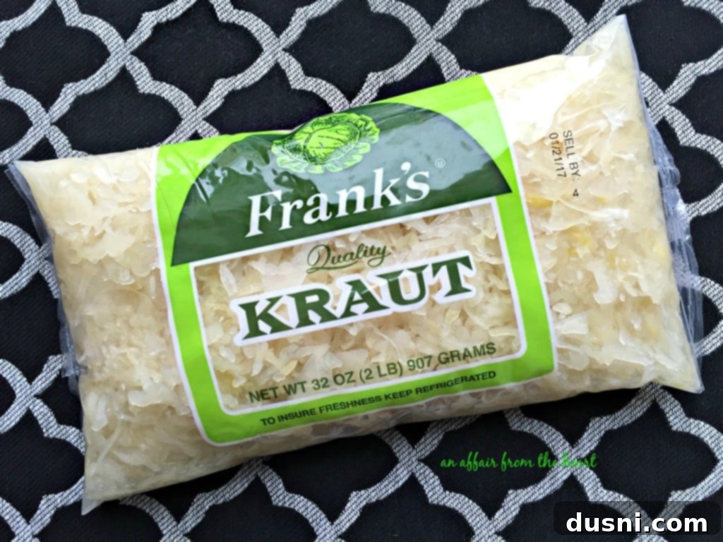 A bag of Frank's Kraut, emphasizing the brand's commitment to quality fermented cabbage