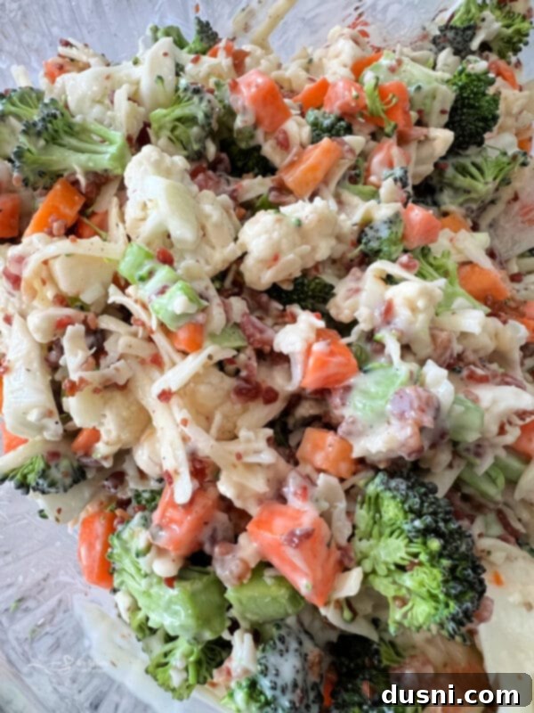 Vibrant Italian Garden Salad 11 The salad being thoroughly tossed with creamy Italian dressing.