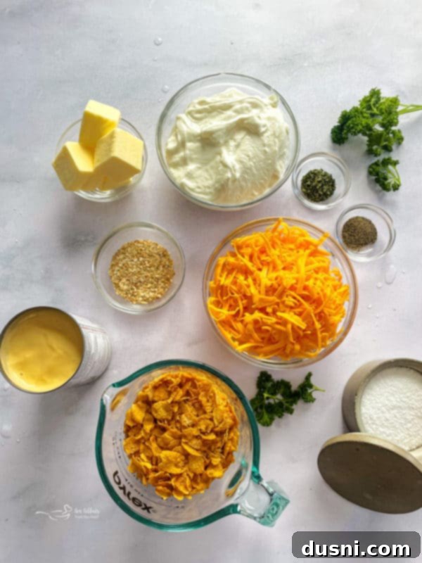 Golden Cheesy Hash Brown Bake 4 Ingredients for Funeral Potatoes - neatly arranged on a counter