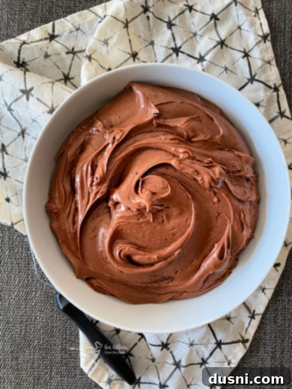 Ultimate Sour Cream Chocolate Frosting 2 A beautifully frosted chocolate cake slice with fluffy sour cream chocolate frosting