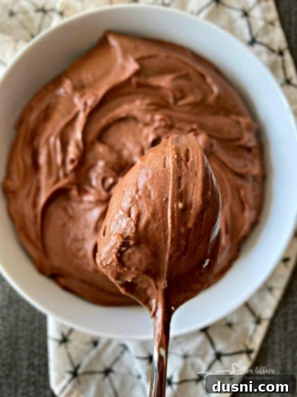 Ultimate Sour Cream Chocolate Frosting 4 A spoon laden with luscious sour cream chocolate frosting