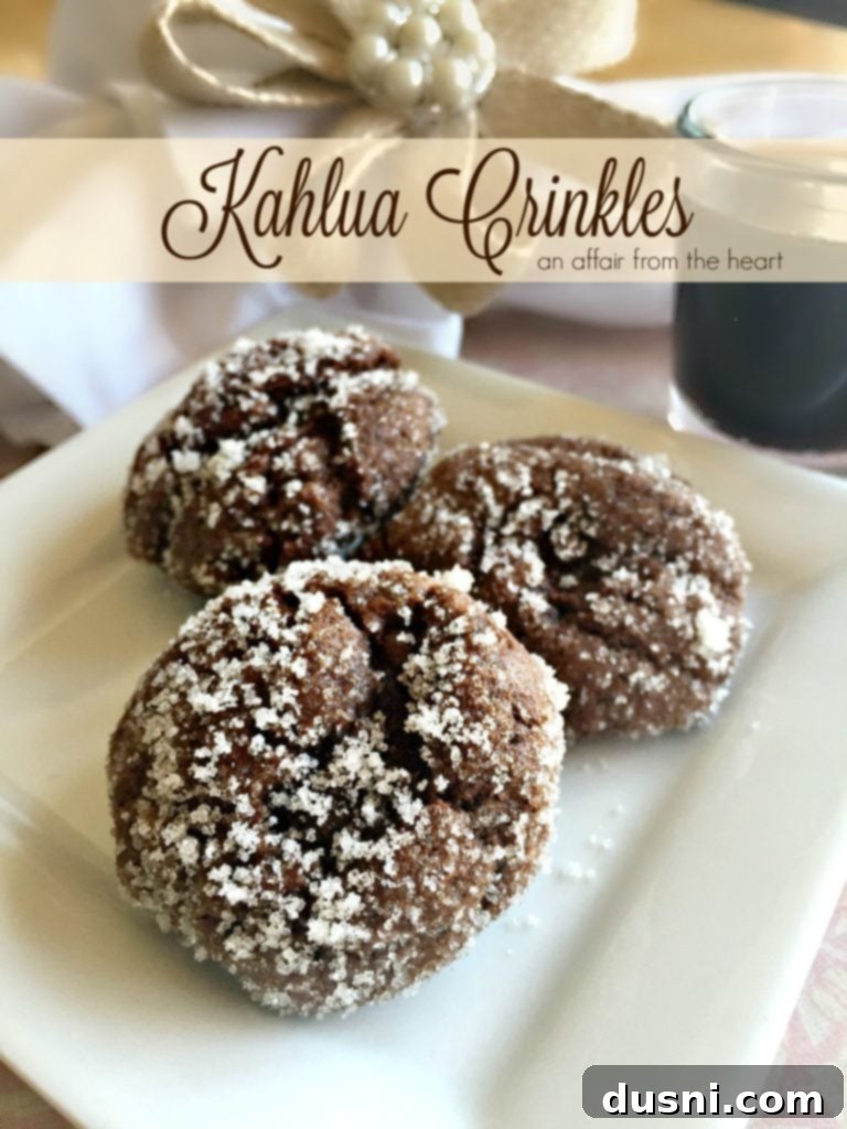 Indulgent Kahlua Crinkles 2 Kahlua Crinkles: Chewy chocolate-coffee cookies rolled in Kahlua-infused sugar.
