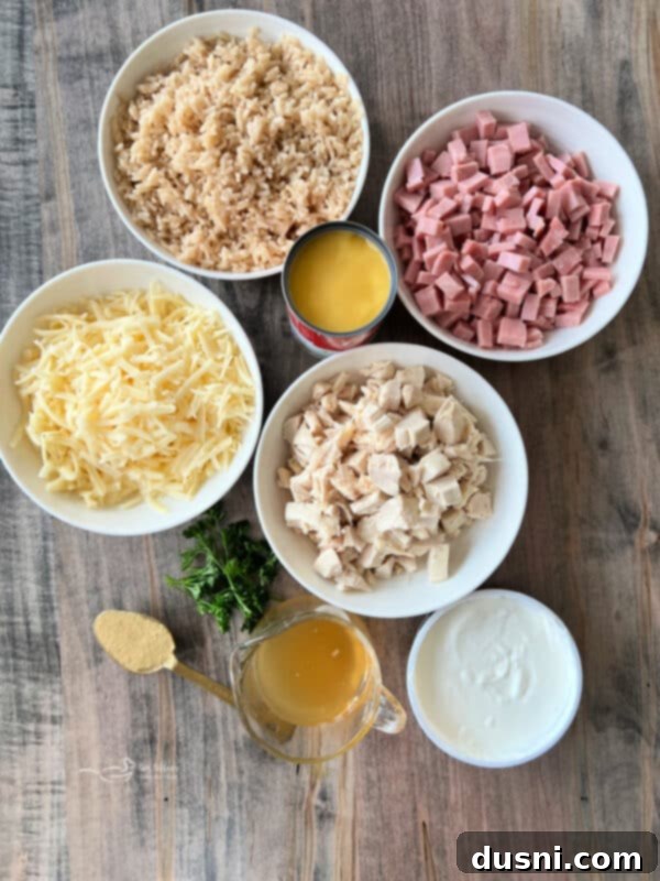 Top-down view of Chicken Cordon Bleu Casserole with Rice, garnished with fresh parsley