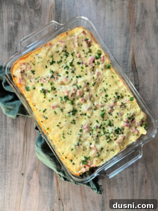 Finished Chicken Cordon Bleu Casserole with Rice, golden and bubbly after baking