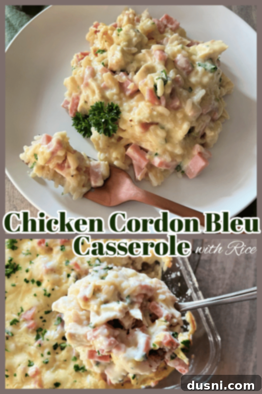 Spoon scooping a portion of Chicken Cordon Bleu Casserole from the baking dish
