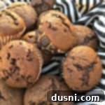 Decadent Double Chocolate Banana Muffins 5 Double Chocolate Banana Muffins on a napkin with text "double chocolate banana muffins"