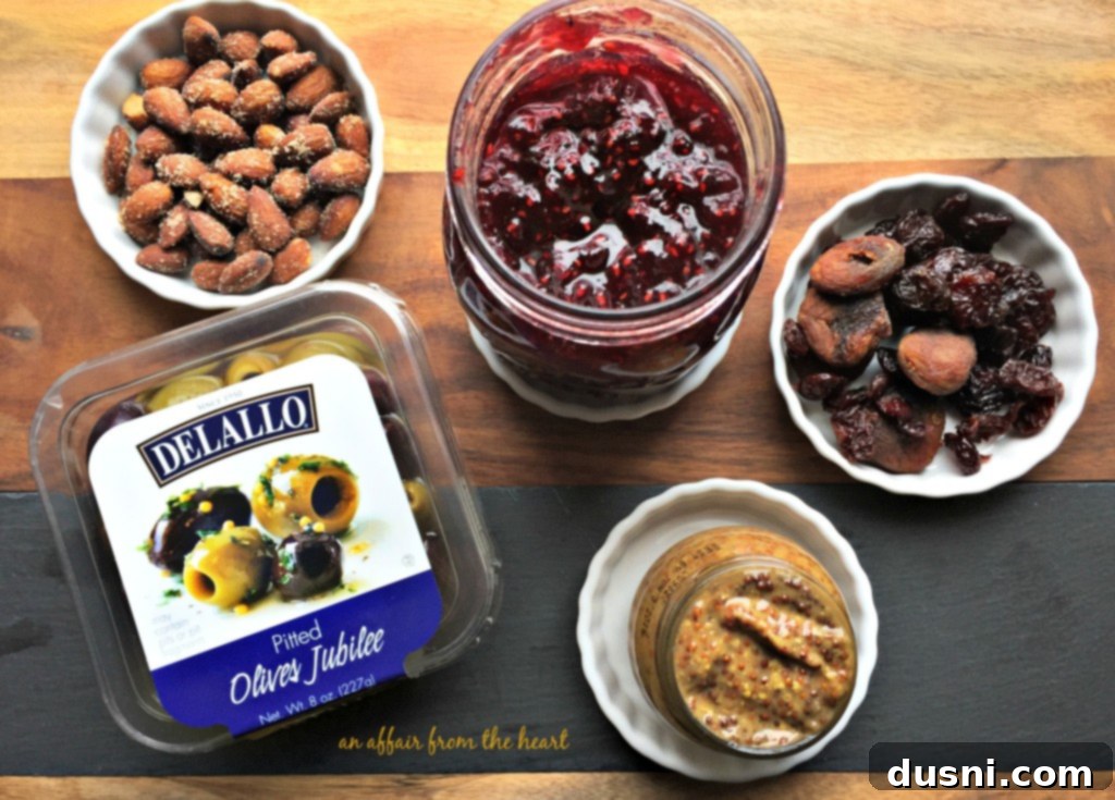 Finished charcuterie board with various accompaniments