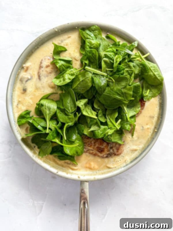 Creamy Chicken and Mushroom Florentine Pasta 15 Chicken pieces added back into the creamy mushroom sauce in the skillet, simmering.