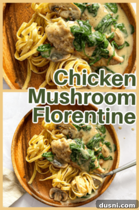 Creamy Chicken and Mushroom Florentine Pasta 16 Chicken Mushroom Florentine Pasta served on a plate with a side of crusty bread.