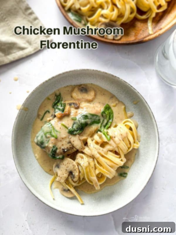 Creamy Chicken and Mushroom Florentine Pasta 21 A final close-up image of the complete Chicken Mushroom Florentine Pasta dish.