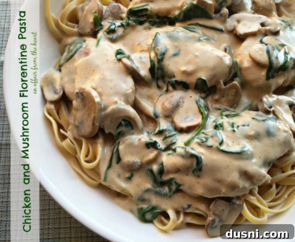 Creamy Chicken and Mushroom Florentine Pasta 24 Chicken and Mushroom Florentine Pasta with a rustic background.