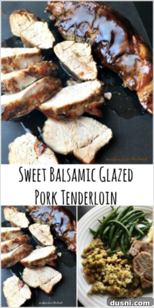 Sweet Balsamic Glazed Pork Tenderloin - An Affair from the Heart, vertical shot of the dish with text.