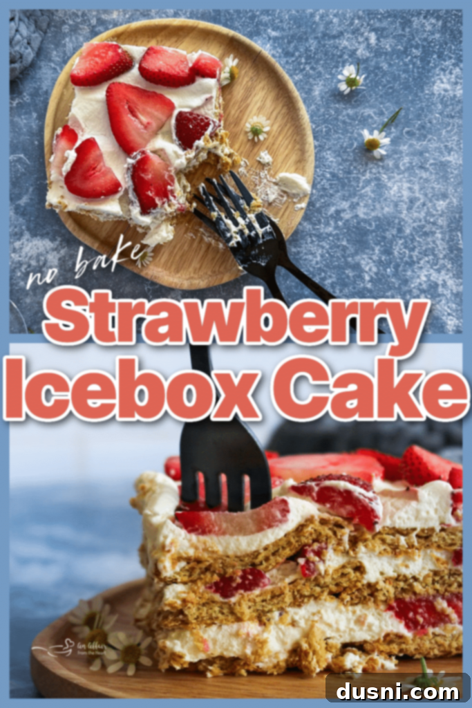 Close-up of a slice of Old fashioned Strawberry icebox cake on a wood plate.