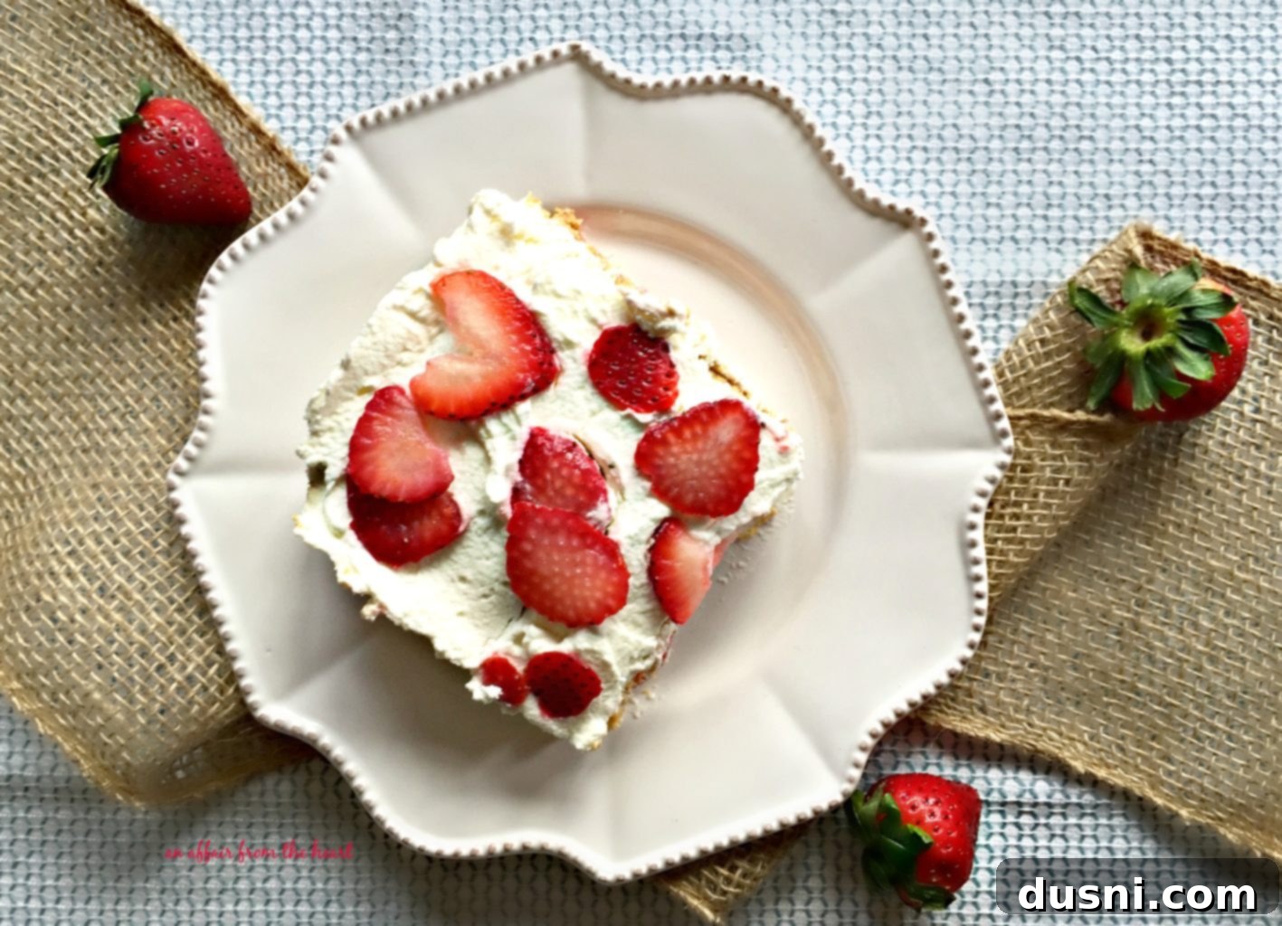 overhead of Old Fashioned Strawberry Icebox Cake on a white plate
