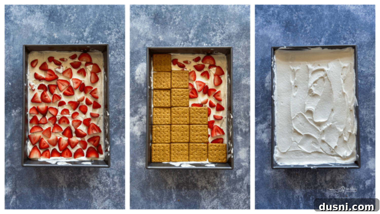 Adding whipped cream and strawberries to the graham cracker layer