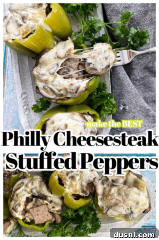 Loaded Philly Cheese Steak Peppers 15 Pinterest image with text "philly cheesesteak stuffed pepper"