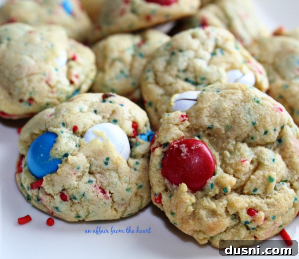 Star-Spangled M&M Pudding Cookies 2 Delicious Patriotic M&M Pudding Cookies with red, white, and blue candy