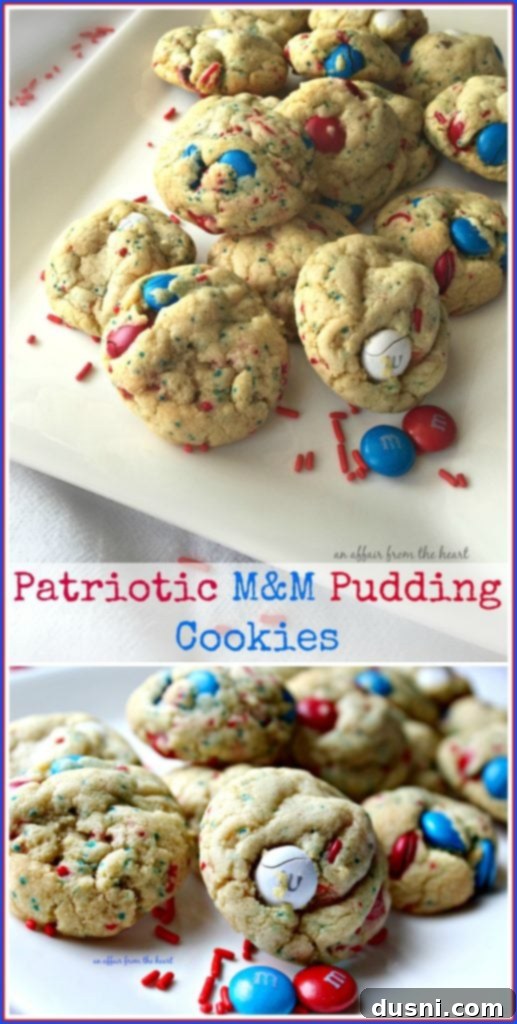 Star-Spangled M&M Pudding Cookies 3 Close-up of Patriotic M&M Pudding Cookies on a white plate