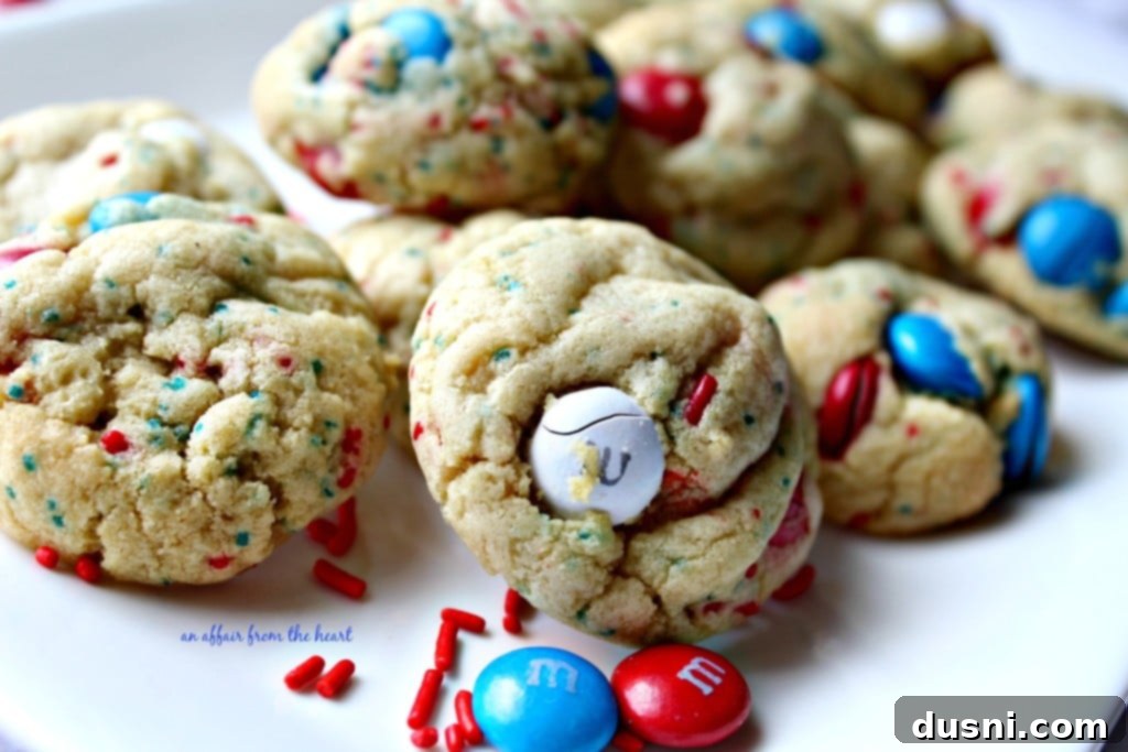 Star-Spangled M&M Pudding Cookies 4 Patriotic M&M Pudding Cookies in a bowl, ready to be served