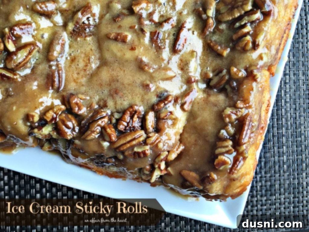 Ice Cream Sticky Rolls drenched in caramel and pecans ready to be served