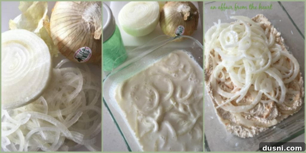 Crispy Golden Onion Strings 4 Close-up shot of thinly sliced onions soaking in buttermilk in a shallow dish, preparing for frying.