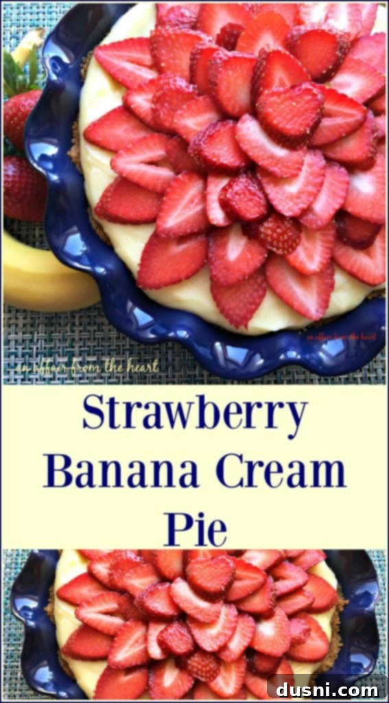 An overhead shot of a Strawberry Banana Cream Pie, showcasing the meticulously arranged fresh strawberry slices and the creamy filling, ready to be served.