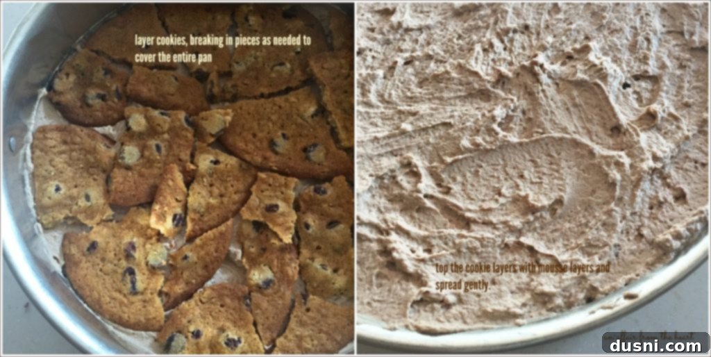 Chilled Mocha Chocolate Chip Delight 14 Mocha Chocolate Chip Icebox Cake in preparation, showing layers of cookies and mousse.