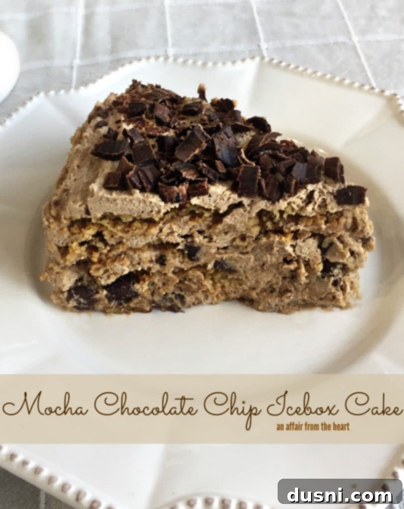 Chilled Mocha Chocolate Chip Delight 3 Close-up shot of a slice of Mocha Chocolate Chip Icebox Cake, showing the distinct cookie and mousse layers.