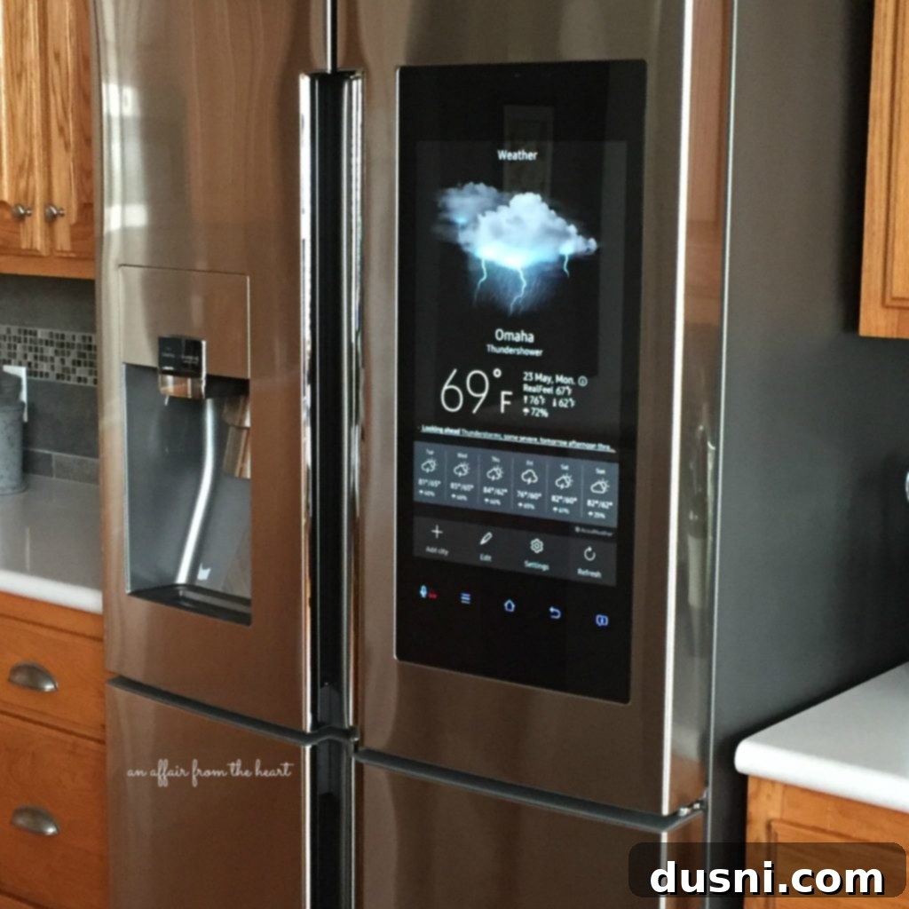 Chilled Mocha Chocolate Chip Delight 6 Samsung Family Hub Refrigerator displaying a vibrant, personalized screen.