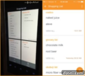 Chilled Mocha Chocolate Chip Delight 9 Samsung Family Hub screen displaying a comprehensive shopping list.