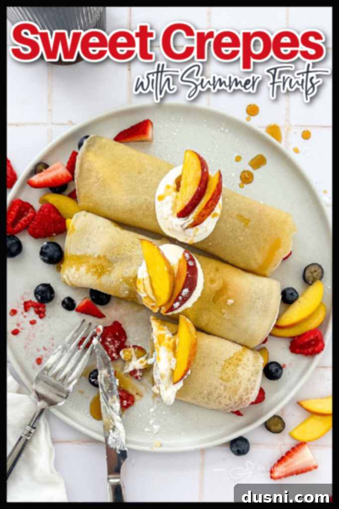 Golden Crepes Topped with Summer Fruits 7 Close-up of crepes with fresh fruit and whipped cream
