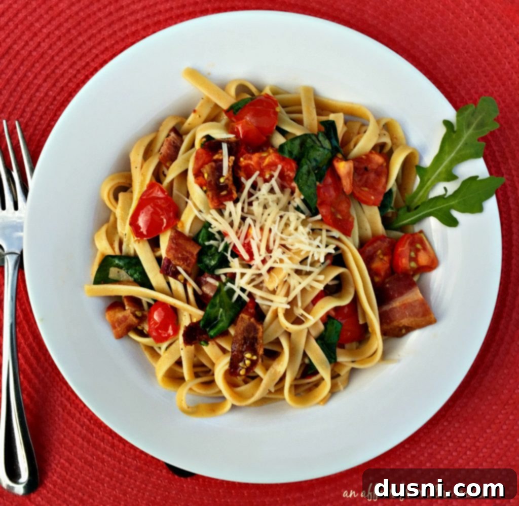 BLT Pasta with a close-up on the ingredients