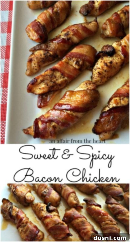 Sweet Heat Bacon-Wrapped Chicken 16 Pinterest double image with text "Sweet & Spicy Bacon Chicken" featuring the finished dish