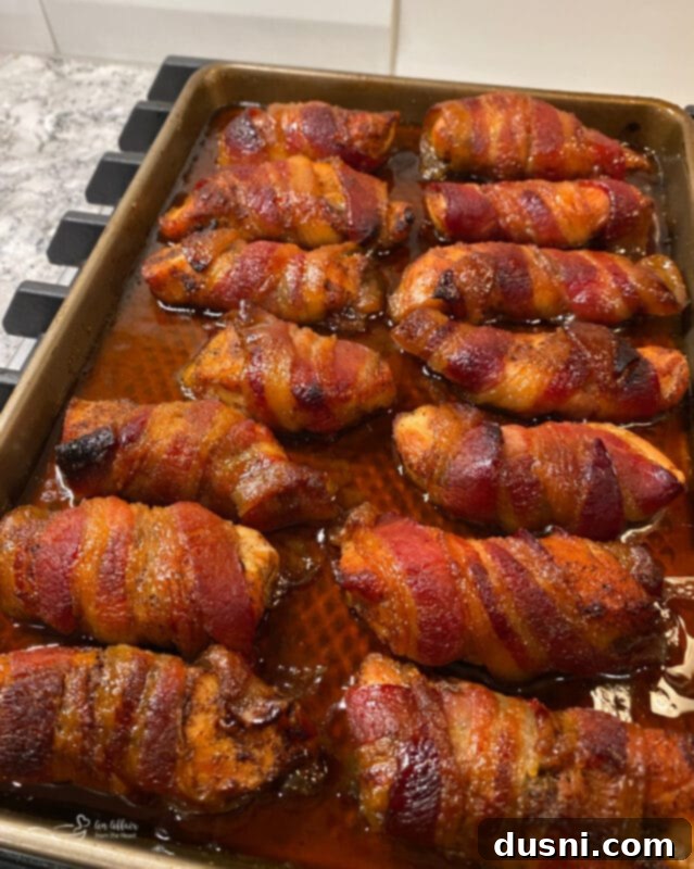 Sweet Heat Bacon-Wrapped Chicken 9 Drizzle baked Sweet & Spicy Bacon Wrapped Chicken with glaze and serve.