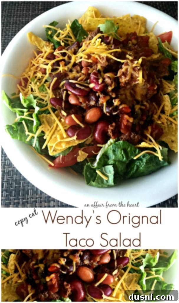 Overhead shot of a vibrant homemade Wendy's Original Taco Salad, prepared with fresh ingredients and a rich chili.