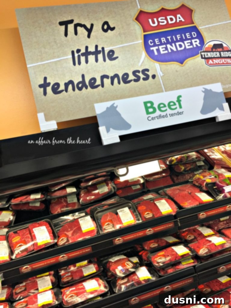 Decadent Snickers Dip 7 Display of Tender Ridge Angus Beef cuts at Family Fare, emphasizing quality.