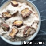 Decadent Snickers Dip 10 Overhead of Snickers Dip in a white bowl