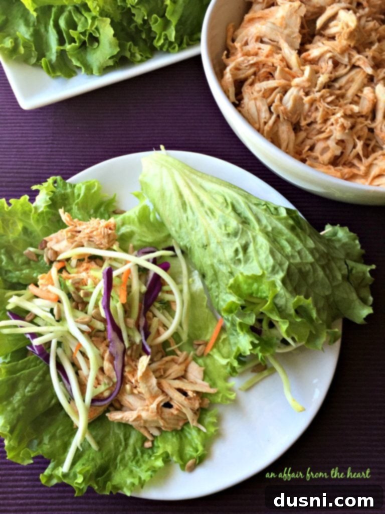 Spicy Buffalo Chicken Lettuce Cups 18 overhead of buffalo chicken in a white bowl and Buffalo Chicken Lettuce Wraps on a white plate