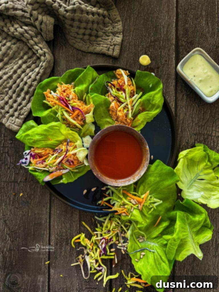 Spicy Buffalo Chicken Lettuce Cups 4 Close up of Buffalo Chicken Lettuce Wraps