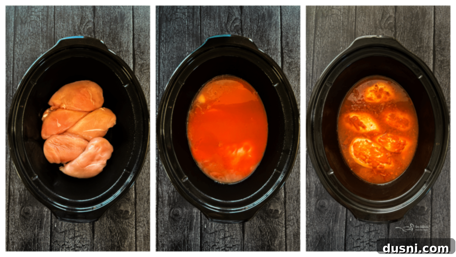 Spicy Buffalo Chicken Lettuce Cups 7 Crockpot with chicken breasts, hot sauce, and chicken stock