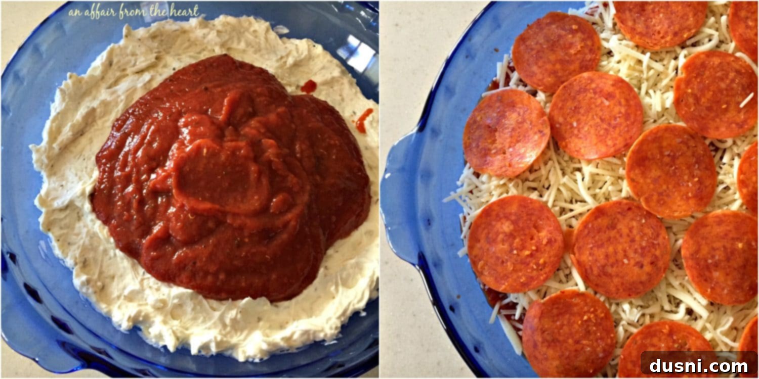 Ingredients for Pizza Dip laid out: cream cheese, sour cream, mayo, cheeses, oregano, pizza sauce, pepperoni