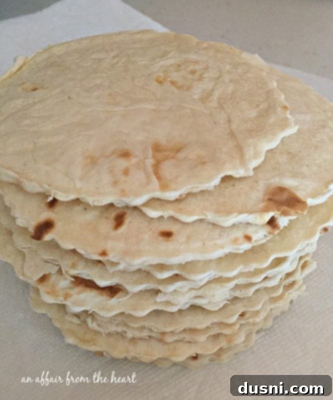 Stack of small, round flour tortillas for dessert tacos