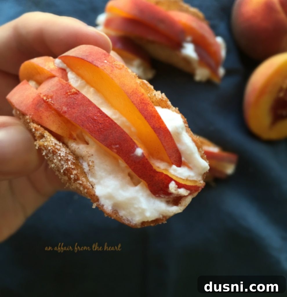 Fresh Peaches 'n Cream Tacos with whipped cream and sliced peaches