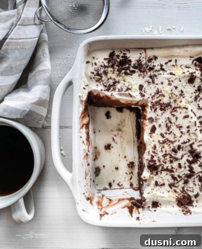 Ultimate Chocolate Pudding Dream Cake 12 A serving spoon lifting a slice of Chocolate Pudding Poke Cake from the baking dish, showing its moist layers.