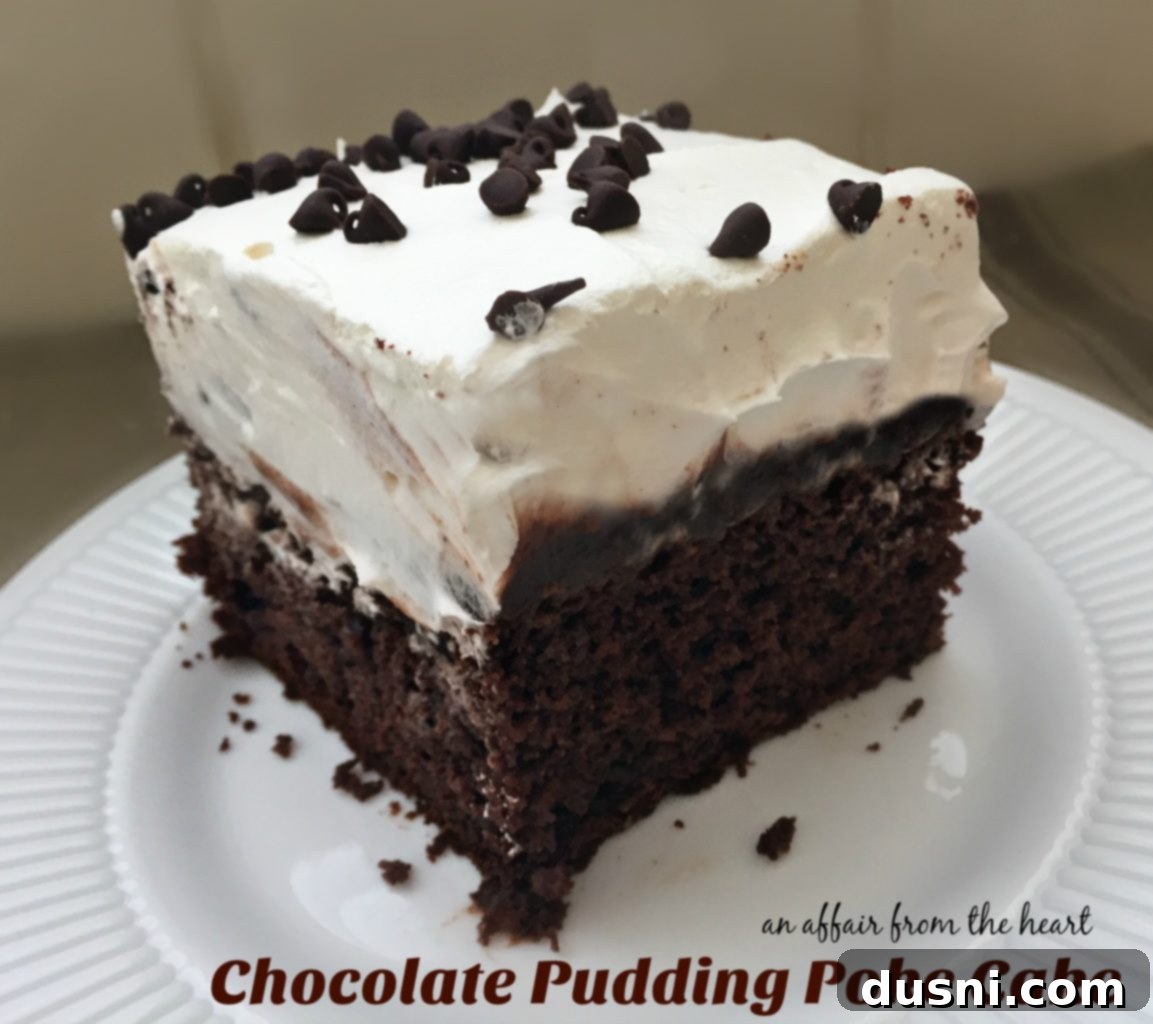 Ultimate Chocolate Pudding Dream Cake 3 Chocolate Pudding Poke Cake ready to be served, a whole cake in a baking dish topped with whipped cream and chocolate chips.