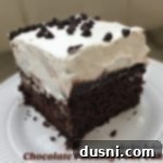 Ultimate Chocolate Pudding Dream Cake 21 Close up of a delightful slice of Chocolate Pudding Poke Cake on a white plate, showcasing its layers.