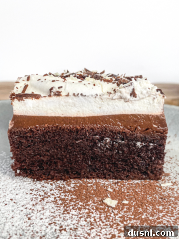 Ultimate Chocolate Pudding Dream Cake 4 Overhead shot of a Chocolate Pudding Poke Cake in a baking dish, with holes clearly visible, ready for the pudding.