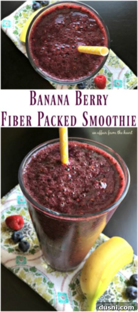 Gut-Friendly Berry Banana Blend 5 Banana Berry Fiber Packed Smoothie - An Affair from the Heart -- Are you wanting to add more fiber to your diet? This smoothie is delicious and HIGH in fiber and LOW in calories. Perfectly satisfying!