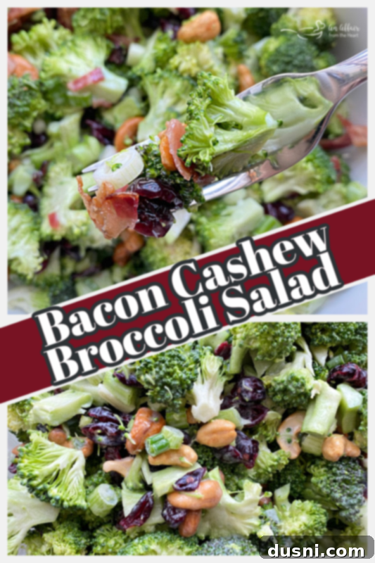 Smoky Cashew Broccoli Crunch 12 Graphic for bacon cashew broccoli salad, featuring a stylized image of the salad and recipe title.
