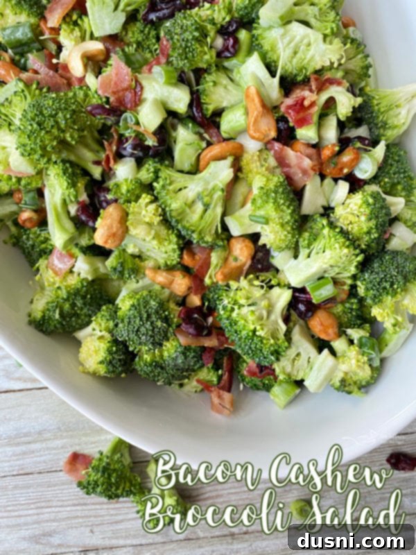 Smoky Cashew Broccoli Crunch 13 Bowl filled with bacon cashew broccoli salad, showcasing its delicious texture and ingredients.
